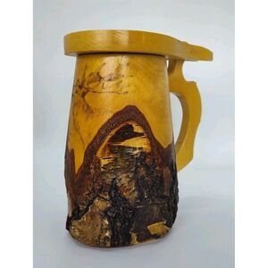 Carved Wooden Beer Stein Tree Bark Hinged Lid Wood Moose Vintage